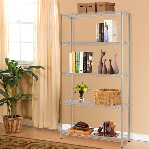 Straight Up Rock Solid Five Tier Wire Shelving Unit With Adjustable Shelves And Foot Levelers Featuring Dang Tough Chrome Plated Steel Construction For Heavy Duty Garage Or Storage Needs Supporting Up To Twelve Hundred Fifty Pounds