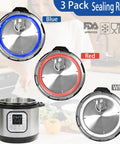 Three Pack 6 Qt Instant Pot Sealing Ring Replacement Kit With Three Float Valve Caps Food Grade Silicone Gasket For 5 And 6 Quart Instant Pot Fits Duo Plus 6 Quart No Steam Leaks No Fuss No Mess And Keeps Pressure Right shown with blue, red, and white rings.