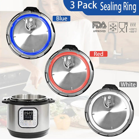 Three Pack 6 Qt Instant Pot Sealing Ring Replacement Kit With Three Float Valve Caps Food Grade Silicone Gasket For 5 And 6 Quart Instant Pot Fits Duo Plus 6 Quart No Steam Leaks No Fuss No Mess And Keeps Pressure Right shown with blue, red, and white rings.
