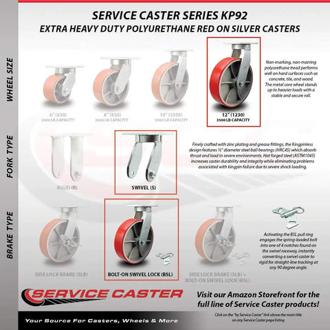 12 Inch Swivel Top Plate Caster Set heavy-duty red polyurethane on cast iron wheel with bolt-on swivel lock Series 92