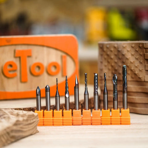 All-In-One 10 Piece TAC Coated CNC Router Bit Set Pro-Grade With One Quarter Inch Shank displayed in orange holder