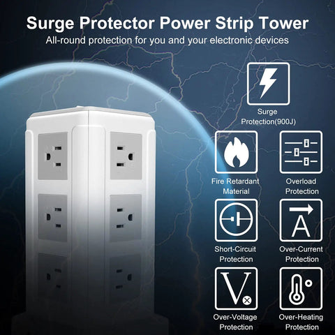 Power Strip Tower With Sixteen In One Surge Protector Twelve AC Outlets And Four USB Ports shown with protection icons
