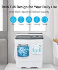 Straight Up A Smooth Portable Washing Machine With Twin Tub Layout, 26 Lbs Total Capacity Including An 18 Lbs Washer Plus 8 Lbs Spinner, Compact Electric Laundry Setup With Manual Dials And Drain Pump, A Truly No Sweat Game Changer For Apartments And showing washing and spinning tubs with labels.