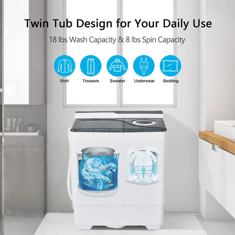 Straight Up A Smooth Portable Washing Machine With Twin Tub Layout, 26 Lbs Total Capacity Including An 18 Lbs Washer Plus 8 Lbs Spinner, Compact Electric Laundry Setup With Manual Dials And Drain Pump, A Truly No Sweat Game Changer For Apartments And showing washing and spinning tubs with labels.