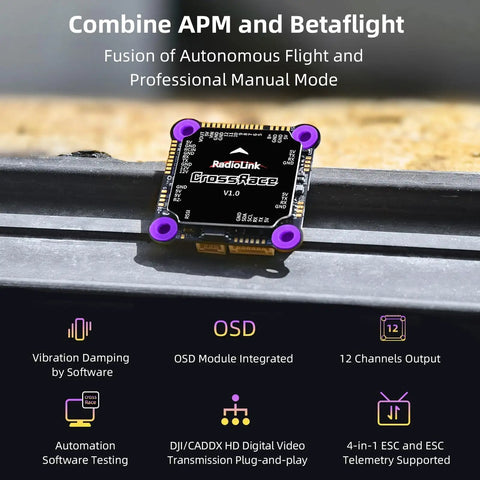 CrossRace APM Flight Controller Stack With Integrated OSD And DJI HD VTX Support display on surface, highlighting features.