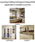 Heavy Duty Lid Support Hinges With Soft Close For Cabinets And Toy Chests, Stainless Steel Zinc Alloy, shown in cabinet scenarios