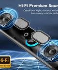 Internal view of USB Powered PC Speakers With Bluetooth Hi Fi Stereo Sound Bar, showing dual drivers and sound waves.