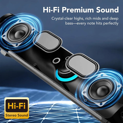 Internal view of USB Powered PC Speakers With Bluetooth Hi Fi Stereo Sound Bar, showing dual drivers and sound waves.