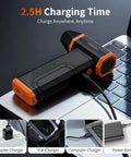 Beast Mode Power Cordless Air Duster With 110000RPM Brushless Motor on laptop, charging via USB, multiple charge options visible