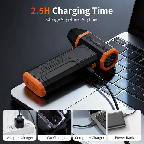 Beast Mode Power Cordless Air Duster With 110000RPM Brushless Motor on laptop, charging via USB, multiple charge options visible