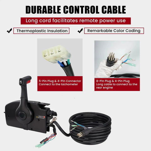 Side Mount Outboard Throttle Remote Control Box With 8 Pin Connector For Boats And Marine Engines Tough As Nails Die Cast Aluminum Housing Corrosion Resistant Easy Install Reliable Performance shown with durable control cable