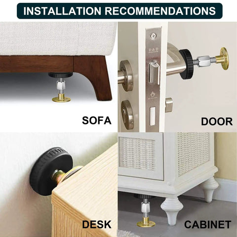 Straight Up Dependable Adjustable Headboard Stoppers For Wall 4 Piece Set Self Adhesive Bed Frame Brackets shown on sofa, desk, door, and cabinet.