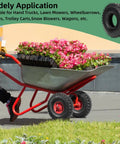 Image of wheelbarrow with flowers and Two Pack 4.10/3.50-4 Tire And Inner Tube With Bent Valve Stem for lawn equipment.