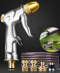 Heavy Duty Stainless Steel Wall Mount Garden Hose Reel With Smart Storage Shelf And Versatile Spray Gun featuring a durable spray nozzle.
