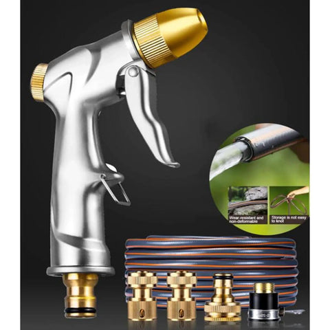 Heavy Duty Stainless Steel Wall Mount Garden Hose Reel With Smart Storage Shelf And Versatile Spray Gun featuring a durable spray nozzle.