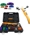 Holdwell 90 Degree Ratcheting Pipe Bender Kit With Seven Color Coded Aluminum Heads For HVAC and Plumbing Use in a compact case.