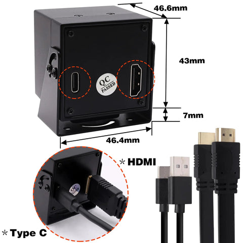 Back view of Rock Solid 4K UVC Web Cam With USB And HDMI Dual Screen Output, showing USB-C and HDMI ports.
