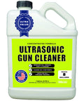 Ultrasonic Gun Cleaner jug, white plastic bottle with neon-green label; 1 gal concentrate makes 8 gal; tillbrock