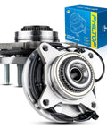 Front view of Front Wheel Bearing Hub Assembly Replacement For 2011 To 2014 Ford F150 4WD And 2011 To 2014 Ford Expedition 4WD And 2011 To 2014 Lincoln Navigator With ABS 6 Lugs 2 Pack next to product box.
