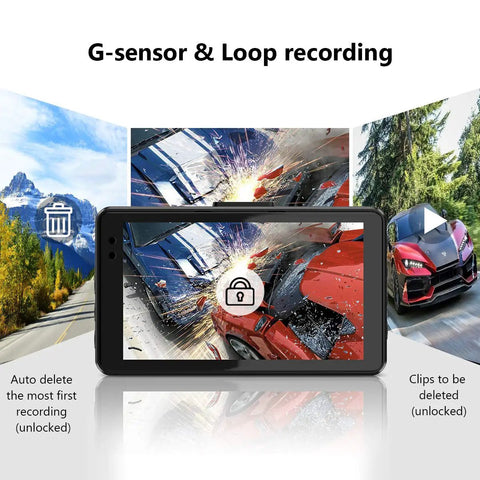 Dual Front And Rear Dash Cam For Cars With 1080P Resolution displaying G-Sensor and loop recording feature.
