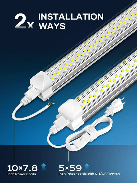 Close-up view of the Hella Bright Eight Foot LED Shop Lights Ten Pack 100W 15000 Lumen Linkable Ceiling Fixtures showing installation cables.