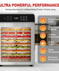 Digital Food Dehydrator With Ten Broad Trays To Whip Up Juicy Jerky Crispy Fruit Chips Dried Herbs And Quality Dog Chews Running Quiet On Precise Temperature Dial And All Day Timer For Super Easy Snack Making At Home with visible trays of fruits and herbs.