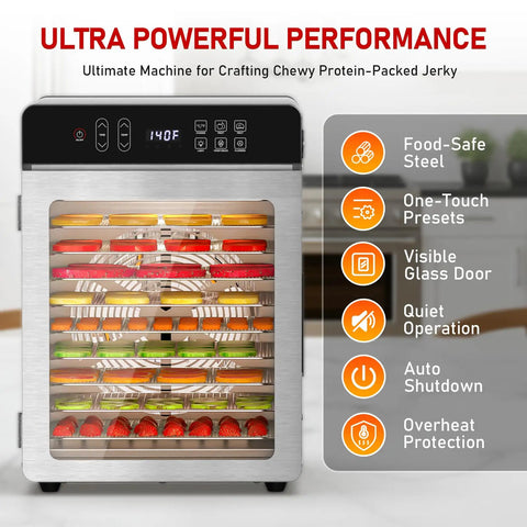 Digital Food Dehydrator With Ten Broad Trays To Whip Up Juicy Jerky Crispy Fruit Chips Dried Herbs And Quality Dog Chews Running Quiet On Precise Temperature Dial And All Day Timer For Super Easy Snack Making At Home with visible trays of fruits and herbs.