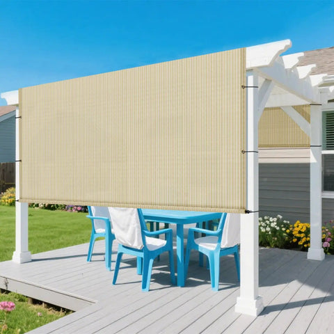 Universal Pergola Shade Cover Replacement Canopy in Beige on patio, blocks 90% UV, with grommets and weighted rods, 240GSM fabric