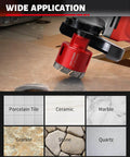DAYDOOR 2-inch diamond hole saw, red tile core bit mounted on a drill for porcelain tile, ceramic, marble, granite.
