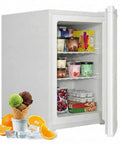 White 3.0 Cu Ft Upright Freezer With 7 Adjustable Temp Settings Compact Mini Freezer showing shelves filled with ice cream and frozen goods.
