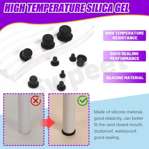 100 Piece Silicone Rubber Plug Kit In Seven Sizes with sealing demonstration and silicone material details.
