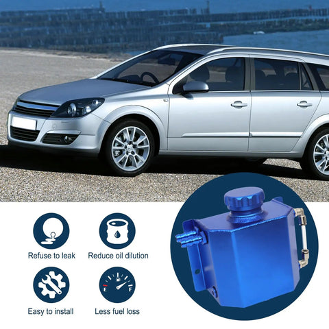 Fresh Rad Blue Universal Coolant Reservoir Tank With One Liter Capacity Radiator Overflow Bottle next to a silver car on a gravel surface.