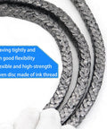 Close-up of graphite braided compression packing for pumps and mechanical seals, 1/8 in x 1/8 in, 10 ft