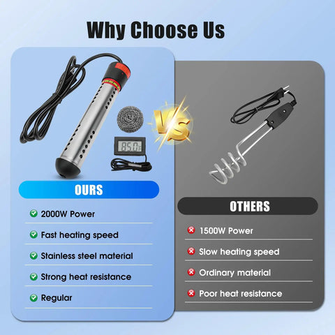 Comparison image of Portable 2000W Immersion Water Heater With Automatic Safety Shutoff and competitor heater features.