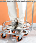 No Sweat Heavy Duty Stainless Steel Drum Stand With Smooth Rolling Wheels For Gas Cylinders And Soup Pots Rust Resistant Mobile Kitchen Cart Indoor Outdoor, supporting a person standing on it.