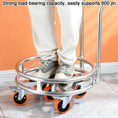 No Sweat Heavy Duty Stainless Steel Drum Stand With Smooth Rolling Wheels For Gas Cylinders And Soup Pots Rust Resistant Mobile Kitchen Cart Indoor Outdoor, supporting a person standing on it.