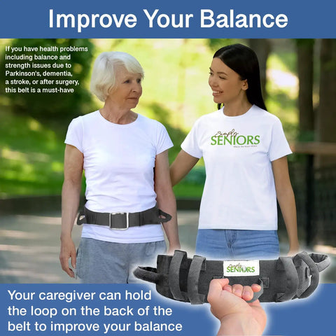 Senior woman wearing Seven Handle Gait Belt for Seniors Easy Quick Release Transfer Belt With Seven Handles outdoors