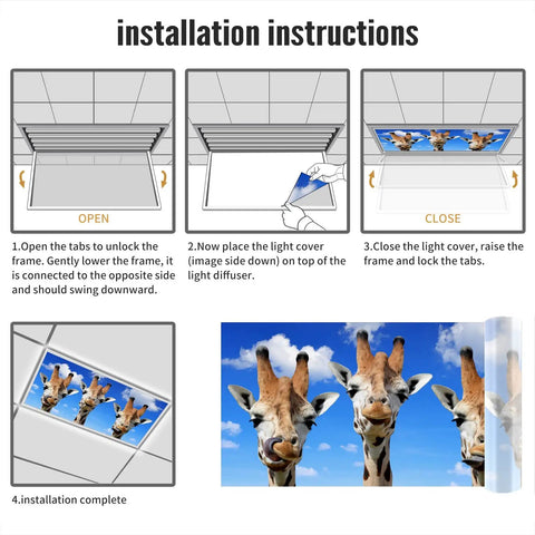 Installation instructions for Funny Giraffe Heads Sky View Skylight Film Filter For Drop Ceiling Fluorescent Light 2x4 Feet