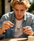 Young man using Phone Scratch Remover and Glass Repair Liquid for Quick Screen Restore and Daily Care on Smartphones Tablets Smart Watches and Other Mobile Devices Easy Fix for Scratches and Minor Cracks Restores Clarity and Polished Look in Minutes on eyeglasses outdoors.