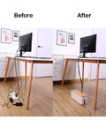 Before and after using Small White Cable Management Box for Desk and Home Office, Cord Organizer for Power Strips and Surge Protectors