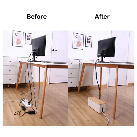 Before and after using Small White Cable Management Box for Desk and Home Office, Cord Organizer for Power Strips and Surge Protectors