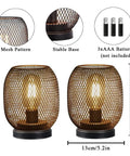 Set Of 2 Battery Powered Metal Cage LED Lanterns Cordless Accent Lights With Warm White LED Round Vintage Style Cozy Vibe Perfect For Indoor Outdoor Weddings Parties Patio Events featuring bronze mesh and stable base with dimensions 17cm tall, 13cm wide.