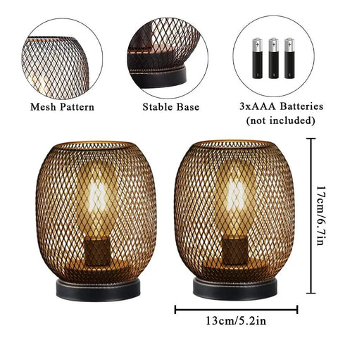 Set Of 2 Battery Powered Metal Cage LED Lanterns Cordless Accent Lights With Warm White LED Round Vintage Style Cozy Vibe Perfect For Indoor Outdoor Weddings Parties Patio Events featuring bronze mesh and stable base with dimensions 17cm tall, 13cm wide.