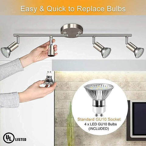 Sleek Modern LED 4-Light Track Lighting Kit With Flush Mount, adjustable spotlights in use, GU10 bulbs shown separately