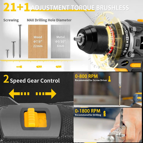 Brushless 20V Cordless Drill Set With 2 Batteries Lightweight 1.8 Pound Tool 60 Nm Torque showing drill settings and speed control