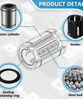 Cross-section view of NOOTO SW8G 1/2 in linear ball bearing with steel balls, seals, and holder