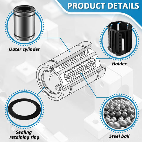 Cross-section view of NOOTO SW8G 1/2 in linear ball bearing with steel balls, seals, and holder