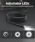 Endoscope Borescope With Light For Auto And Home Repairs Shop Grade Waterproof Fiber Optic Camera With 8 LED Lights Thirty To Eighty Millimeter Focus Flexible Snake Cable Great For Engine Wall Vent And Wire Checks showing LED adjustments
