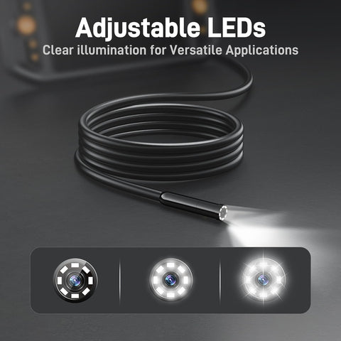 Endoscope Borescope With Light For Auto And Home Repairs Shop Grade Waterproof Fiber Optic Camera With 8 LED Lights Thirty To Eighty Millimeter Focus Flexible Snake Cable Great For Engine Wall Vent And Wire Checks showing LED adjustments
