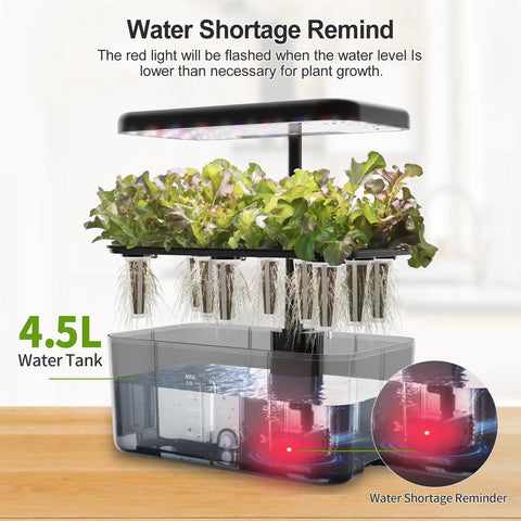 8 Pod Hydroponics Growing System With LED Grow Light For Indoor Herb Garden, See Through Water Tank, red water shortage reminder